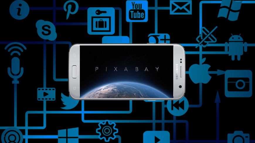 Samsung Smartphone Displaying Earth Against Blue Digital Network Icons