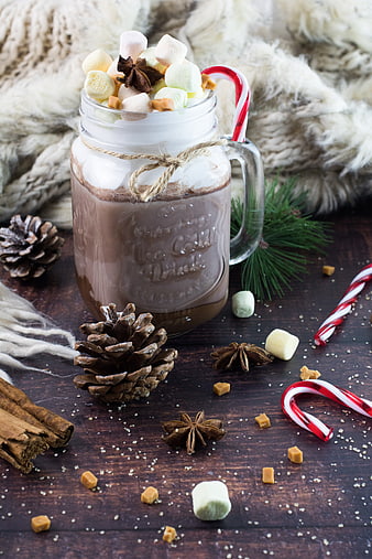 Hot Chocolate in Mason Jar with Marshmallows and Candy Canes
