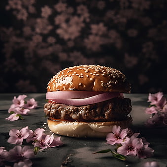 Artistic Beef Burger with Sakura Blossoms