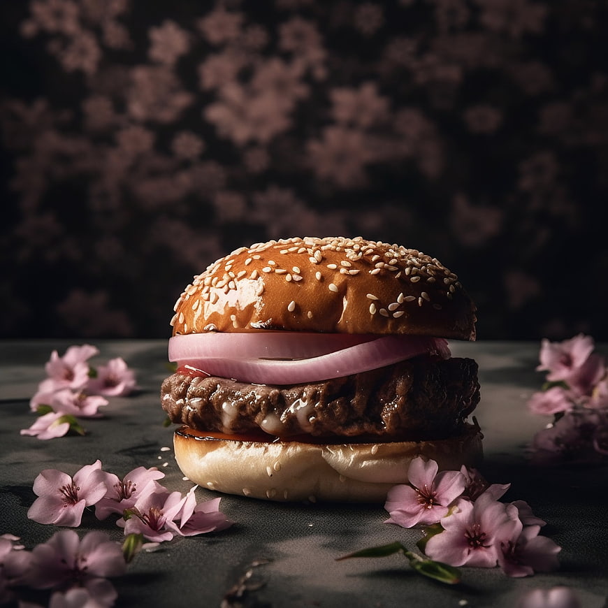 Artistic Beef Burger with Sakura Blossoms