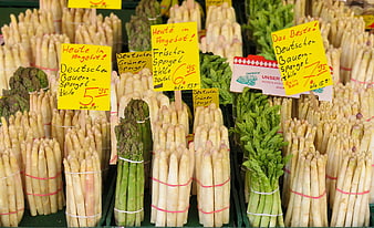 Fresh White And Green Asparagus Bundles At German Market