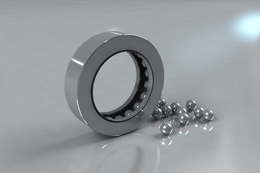 3D Render of Steel Ball Bearing with Scattered Balls