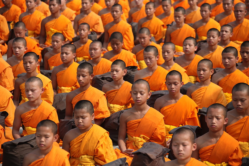 Young Buddhist Monks Meditating in Orange Robes