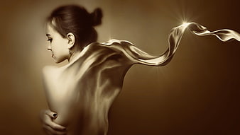 Surreal woman with flowing silk and light on sepia background