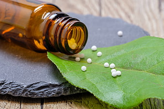 Homeopathic globules scattered on a green leaf and slate