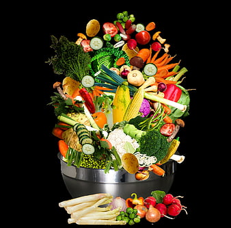 Vibrant Fresh Vegetable Arrangement In Metal Bowl On Black Background