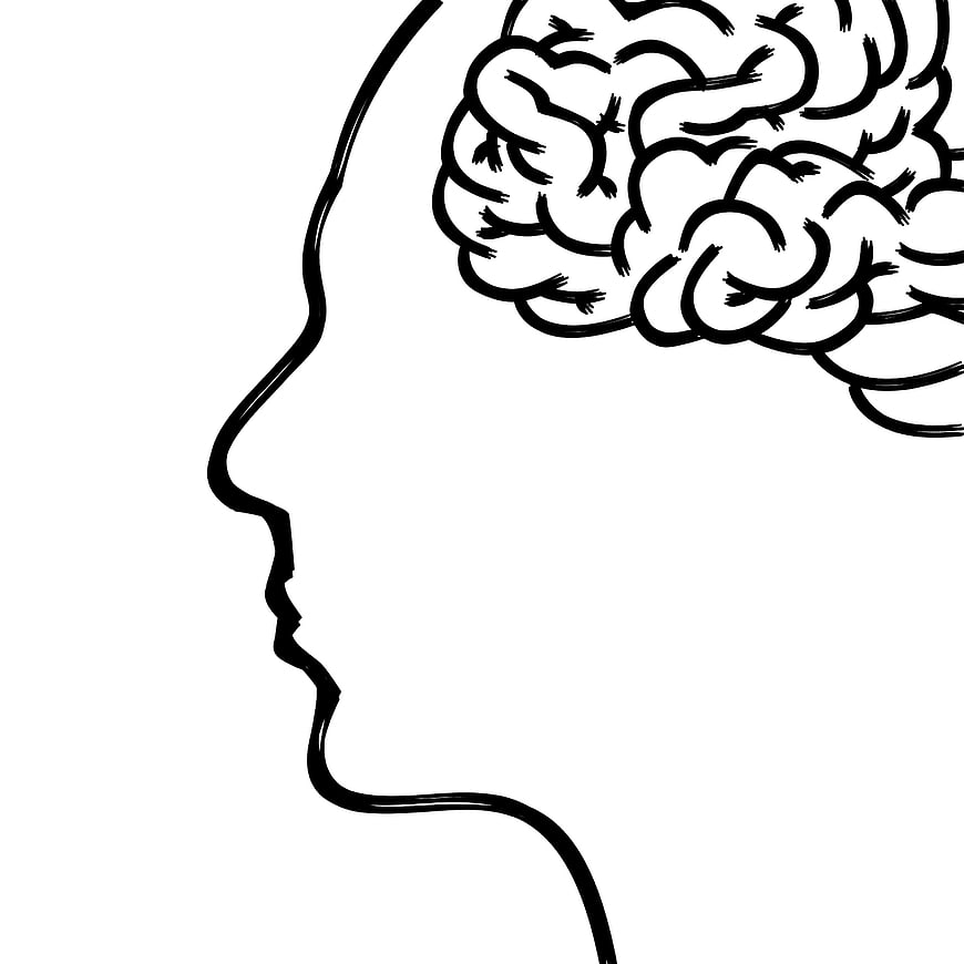 Black and white line drawing of human head with exposed brain