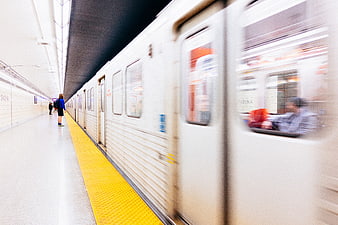 Motion Blur Subway Train Arriving at Spadina Station