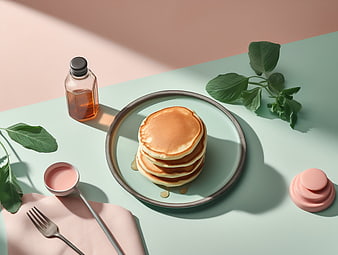 Stack of Pancakes with Syrup on Pastel Background