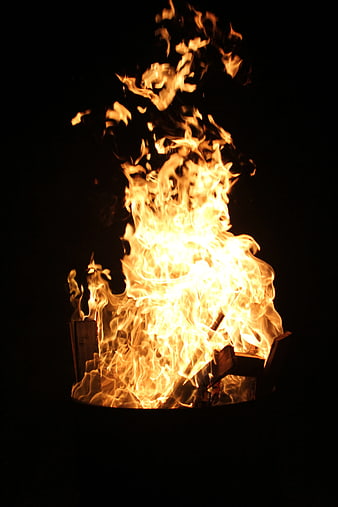 Intense bonfire flames burning at night in a fire pit