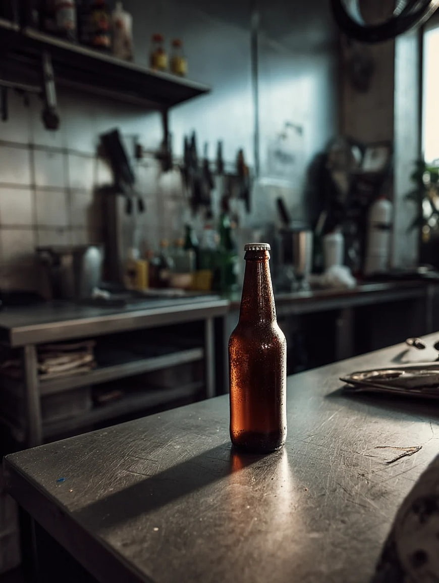 Condensation on Brown Beer Bottle in Kitchen