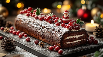 Festive Chocolate Yule Log Cake with Red Berries and Santa
