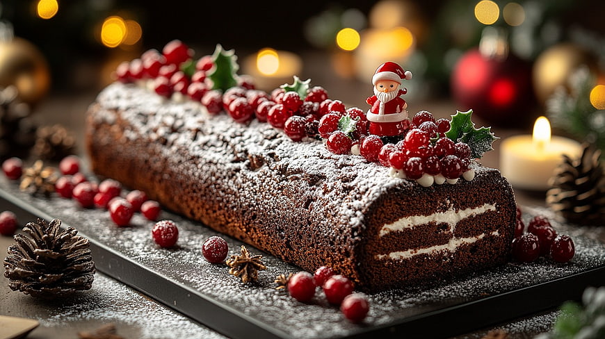 Festive Chocolate Yule Log Cake with Red Berries and Santa