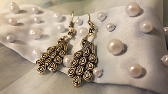 Vintage Peacock Earrings on White Fabric with Pearls