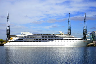 Luxury Superyacht Hamburg Docked in Port with Cranes