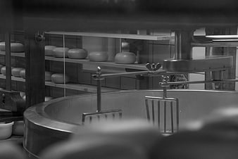 Black and white photo of cheese wheels aging on wooden shelves
