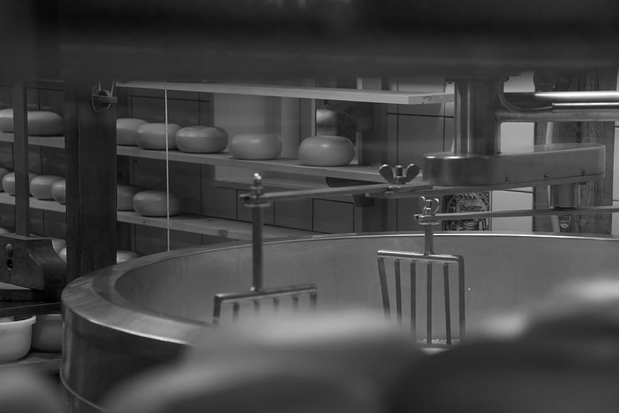 Black and white photo of cheese wheels aging on wooden shelves