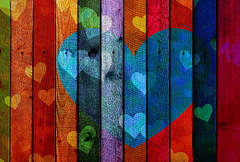 Colorful Heart Pattern on Rustic Wooden Planks Background
