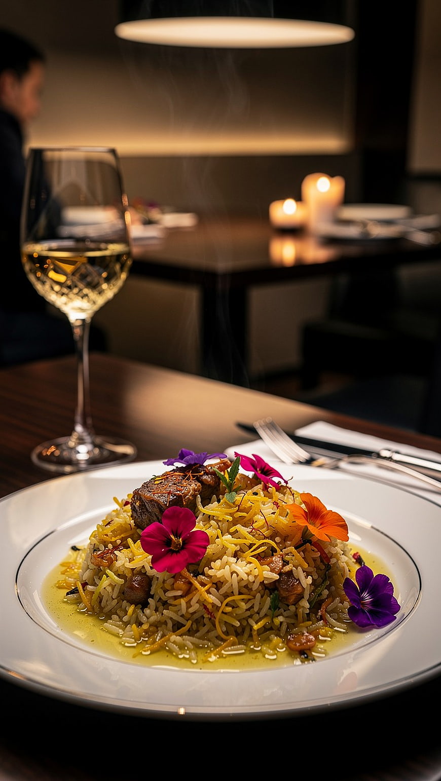 Gourmet Biryani with Edible Flowers and Wine