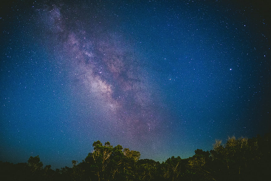 Milky Way Galaxy Over Dark Forest Silhouette at Night