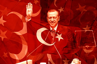 Recep Tayyip Erdogan waving with Turkish flag overlay