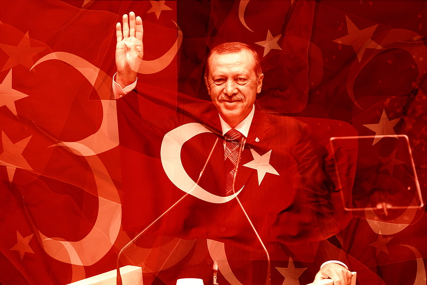 Recep Tayyip Erdogan waving with Turkish flag overlay