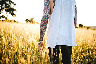 Man with Colorful Tattoos Walking Through Golden Grass Field