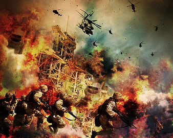Soldiers Running Amidst Explosion and Helicopters
