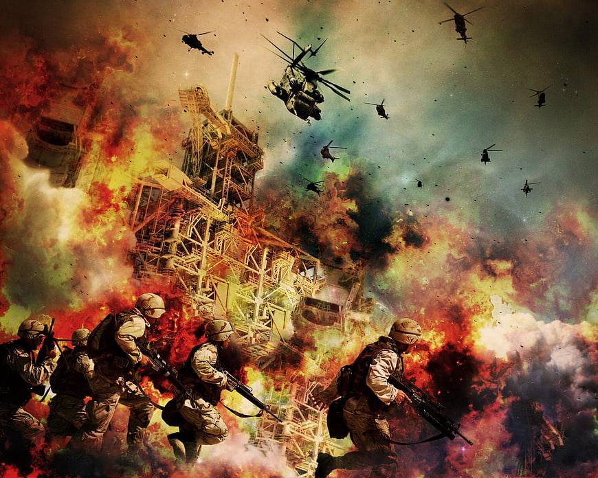 Soldiers Running Amidst Explosion and Helicopters