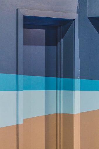 Abstract geometric doorway with blue, white, and brown color blocks
