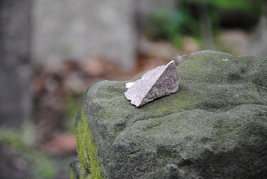 Small stone fragment resting on mossy tombstone in cemetery