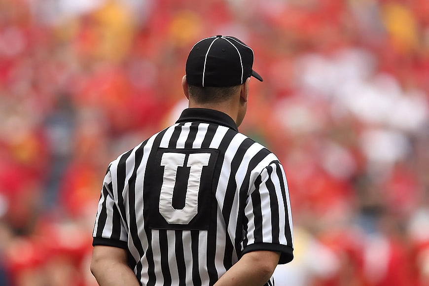 Back view of baseball umpire with U patch on striped shirt