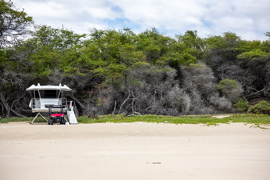 White Lifeguard Tower and Red ATV on Sandy Beach