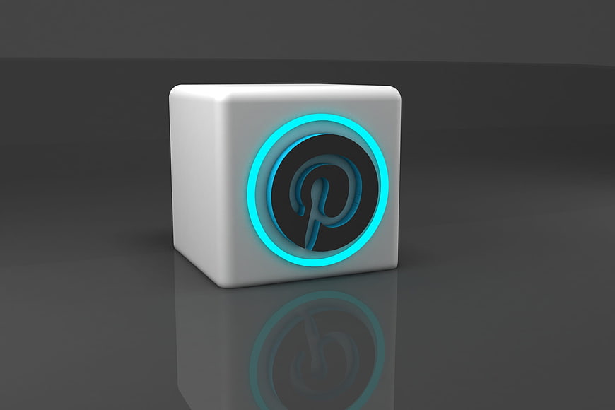 3D Pinterest Logo Icon On White Cube With Cyan Glow