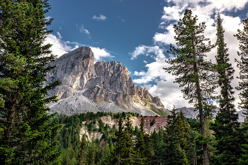 Majestic Dolomite Mountain Peak Framed by Pine Trees