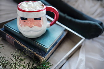Santa mug with marshmallows on vintage books in a tray