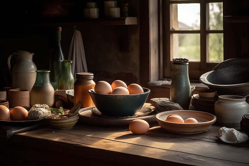 Rustic still life with farm fresh eggs on wooden table