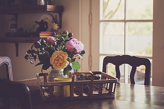 Vintage Peony Bouquet in Wooden Tray on Dining Table