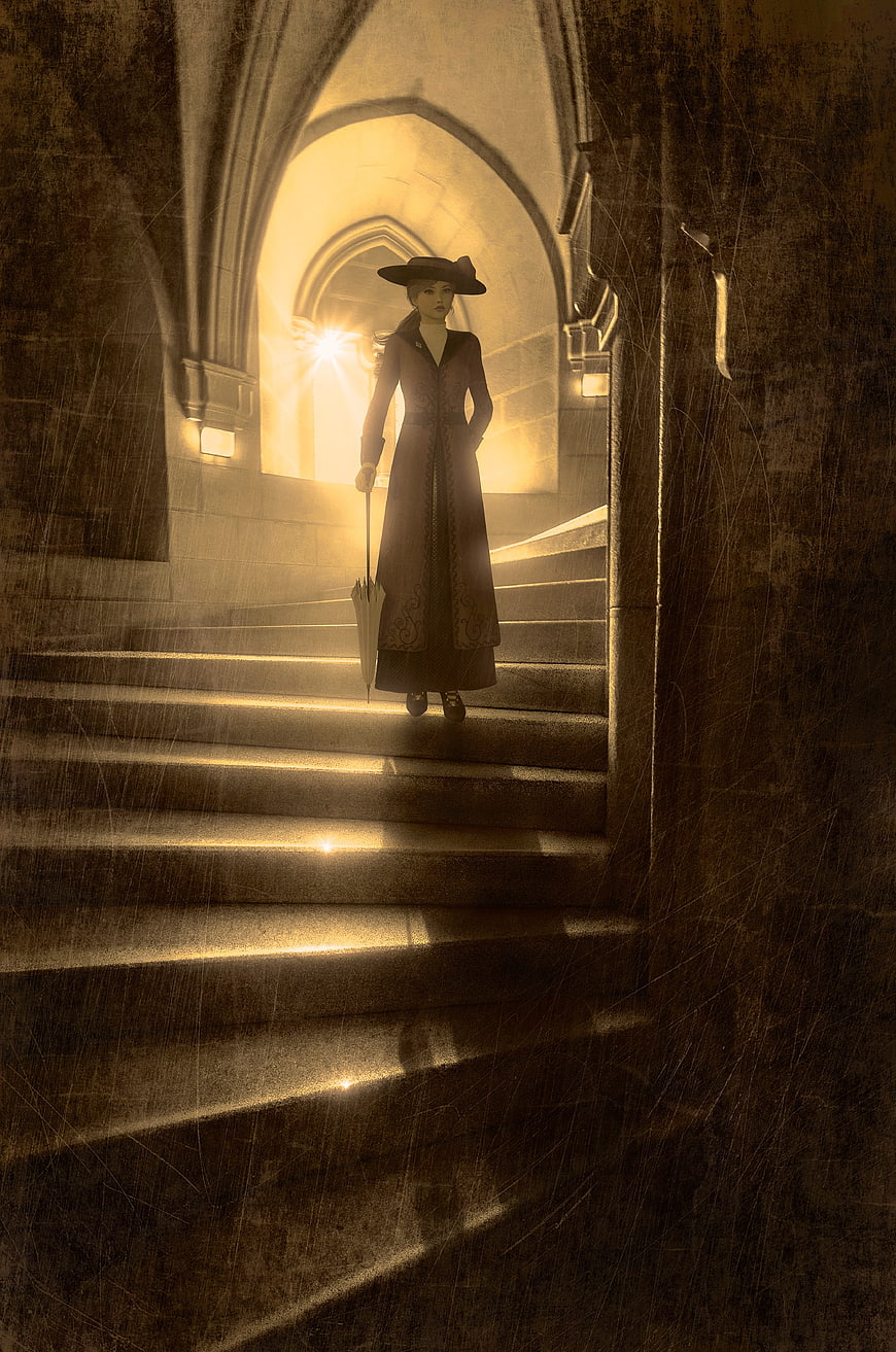 Mysterious woman in vintage coat standing on stone stairs