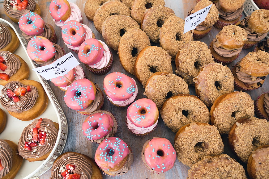 Top View of Pink Donuts and Chocolate Cupcakes Display