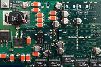 Close-up of green computer motherboard circuit board