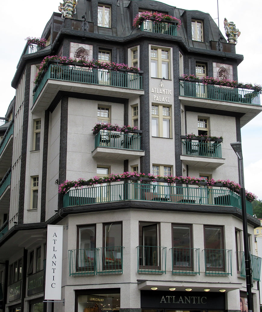 Atlantic Palace Hotel Facade in Karlovy Vary with Flower Balconies