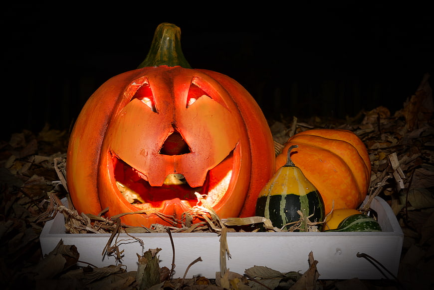Glowing Jack-O-Lantern in White Crate with Autumn Leaves
