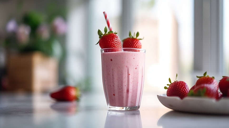 Fresh Strawberry Smoothie with Straw on Kitchen Counter