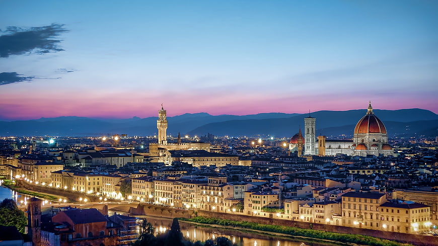 Florence Skyline at Dusk with Duomo and Arno River