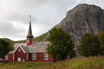 Red wooden church in Lofoten Islands, Norway