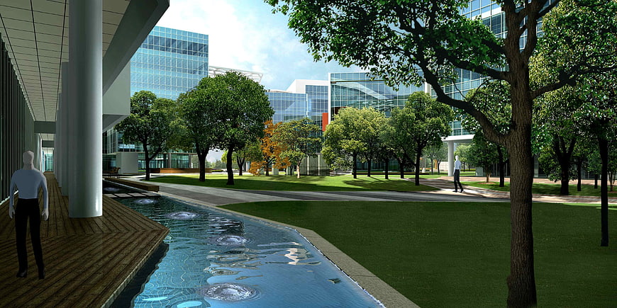 Modern Corporate Campus Architectural Visualization with Water Feature