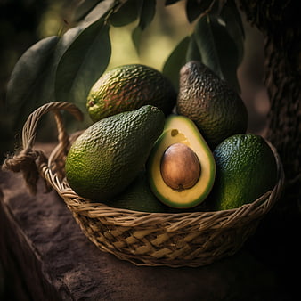 Fresh Avocados in Wicker Basket with Leaves