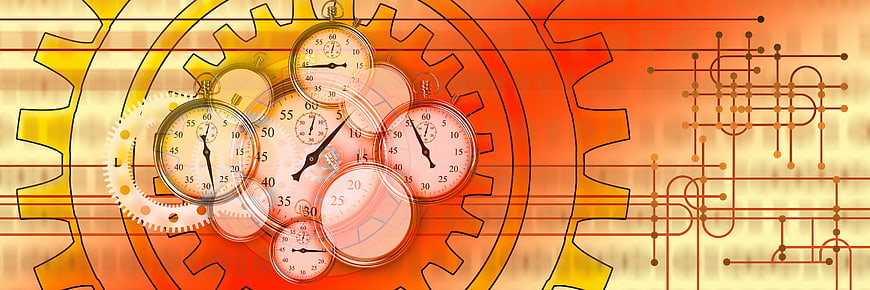 Conceptual Time Management Illustration With Gears, Stopwatches, And Circuit Board
