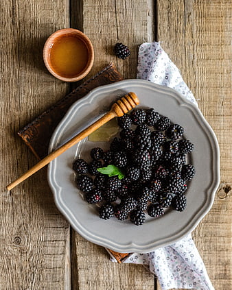 Fresh Blackberries with Honey on Rustic Wooden Table